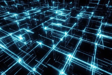 Obraz premium Futuristic structured pattern of glowing nodes connected by lines in deep blue and white cyber theme creating a digital network