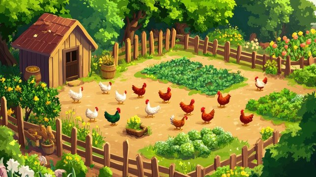 Vibrant Farm Scene with Chickens Roaming in a Lush Garden Surrounded by Greenery and Wooden Fencing