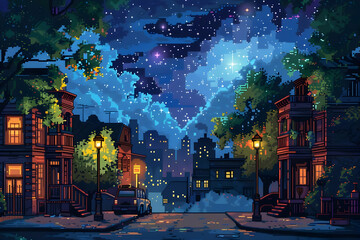 Naklejka premium Pixel Art Cityscape at Night with Starry Sky Illuminated Streetlamps and Building Facades