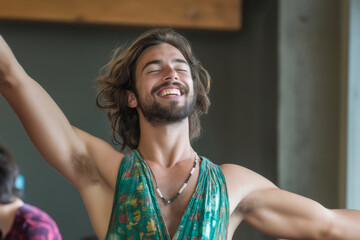 Young male dancer performing a difficult move with his arms raised, smiling with his eyes closed