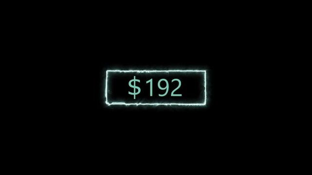 Neon bright USD Dollar growing from $500 cyan color Animation. Black background rectangle frem 4k video.