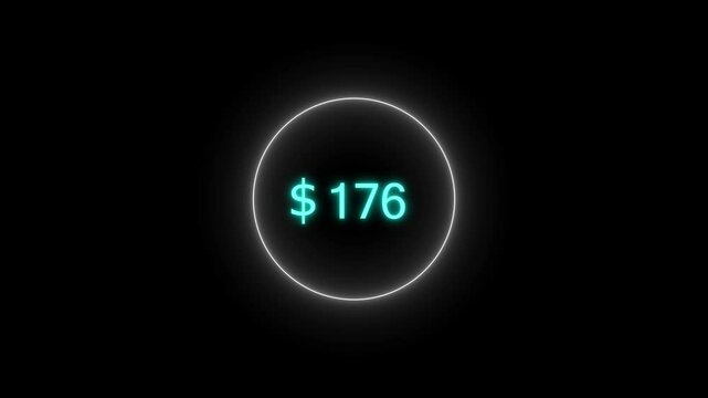 Neon bright USD Dollar growing from $600 cyan color Animation. Black background circle cyan color frem 4k video.