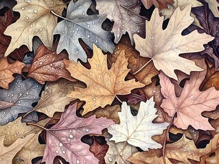 A close-up of various leaves on the ground, including oak and maple leaves in shades of brown, gray, white, and pink, with water droplets glistening off their surfaces