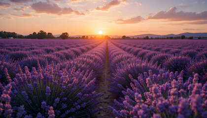 Naklejka premium Lavender Field at Sunset: Vibrant Purple Flowers and Golden Ligh