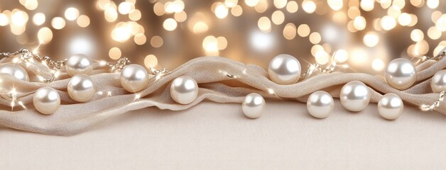 Obraz premium Close-up view of white pearls resting on off-white fabric, softly lit to enhance the romantic ambiance with blurred lights