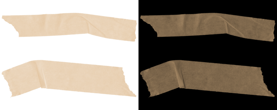 Realistic torn adhesive tape pieces in various shapes and sizes for notes, decoration, or digital designs in PNG format with textured paper details isolated on a Transparent or White Background