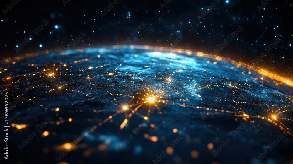 Poster conceptual digital earth with illuminating nodes representing interconnectedness