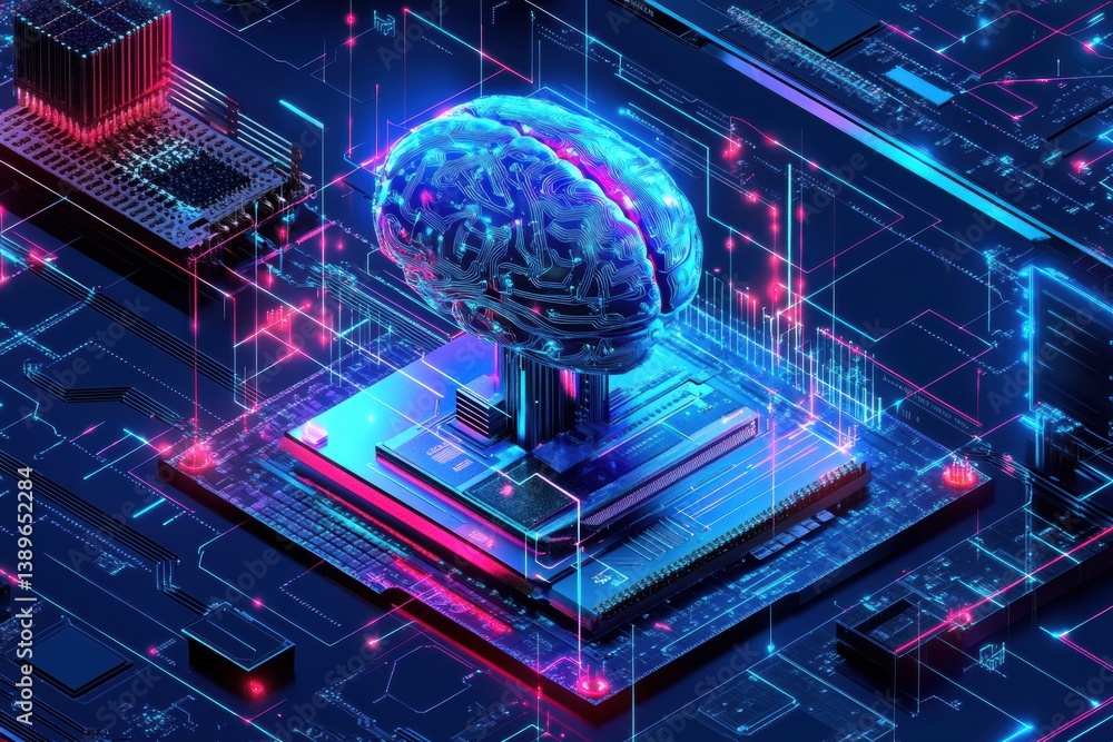 Poster exploring futuristic ai technology with robot, microchip, and digital brain on holographic display p