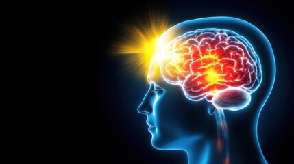 Human head with brain glowing red, showing stroke pain and neurological distress, Stroke recovery, recovery therapy, headache, head pain