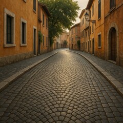 Naklejka premium Cobblestone Street Winds Through Historic Buildings in a Serene Morning Light