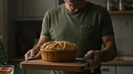 Man presents a beautifully crafted freshly baked pie or large bread loaf on a wooden board in a kitchen setting, showcasing home baking skills, comfort food appeal and culinary presentation craft
