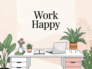 Work Happy. Contemporary Workspace: Modern Minimalist Home Office with Greenery and Motivational Wall Art for Productive Work-Life Balance