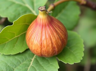 Obraz premium Close-up of a ripe fig attached to a branch with surrounding green leaves showcasing distinct textures.
