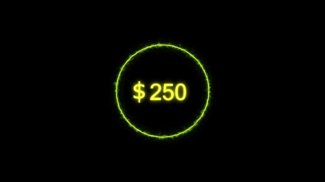 Neon bright USD Dollar growing from $850 lime green color Animation. Black background circle lime green color frem 4k video.