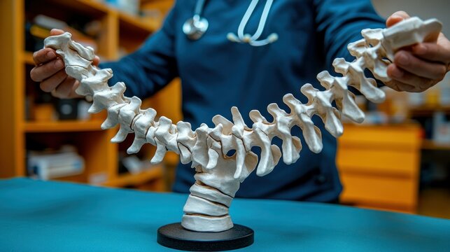 Doctor examining a model spine.  A medical professional carefully holds a 3D model of the human spine.  The model is positioned in a way that shows the curvature and individual vertebrae