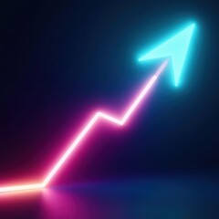 Bright blue neon arrow ascends, leaving glowing trail , light, graphic, electric