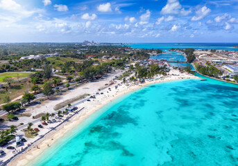 Aerial view of the public beach at the Esplanade of Nassau with the famous Fish Fry in the...