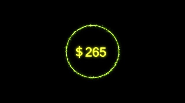 Neon bright USD Dollar growing from $900 lime green color Animation. Black background circle lime green color frem 4k video.