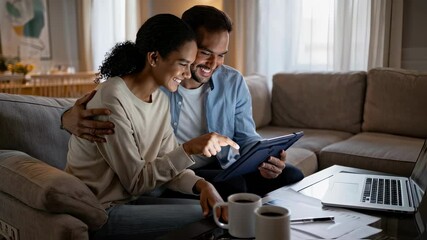 Happy diverse couple sitting together on a sofa at home in the evening, smiling and browsing on a tablet with laptop and papers nearby, concept of shared planning or online shopping experience - Powered by Adobe