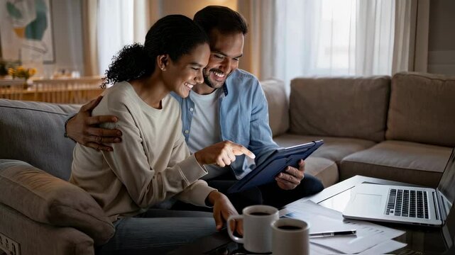Happy diverse couple sitting together on a sofa at home in the evening, smiling and browsing on a tablet with laptop and papers nearby, concept of shared planning or online shopping experience - Powered by Adobe