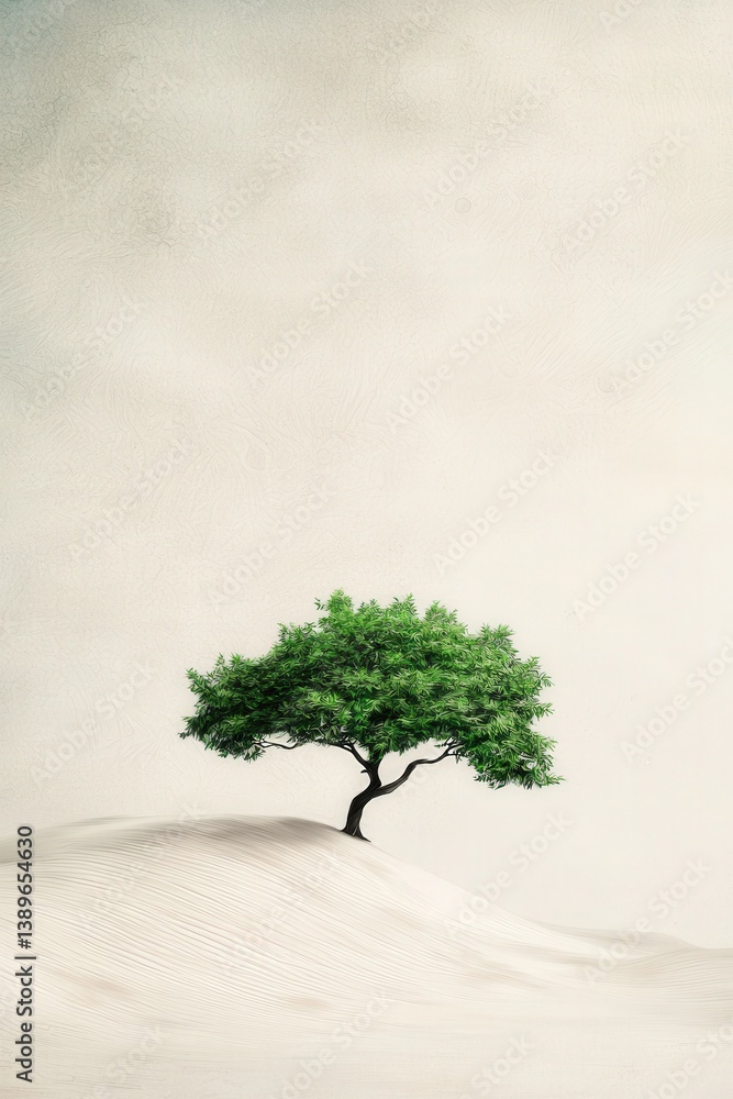 Poster a tree is standing on a hill in a desert. the tree is the only thing visible in the image