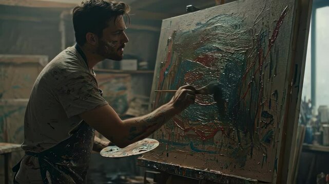 Paint-splattered male artist intensely and passionately applying paint with a brush onto a large canvas in his studio while holding a palette, embodying the creative process and artistic expression