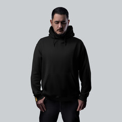 Mockup of a black oversized hoodie on a bearded man in jeans, a sweatshirt with a pocket, ties, a hood, isolated on a background.