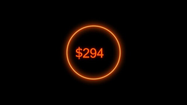 Neon bright USD Dollar growing from $1000 orange color Animation. Black background circle orange color frem 4k video.