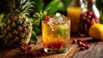A vibrant tropical cocktail with pineapple, cherry garnish, and ice, set on a wooden surface with fruit and greenery.