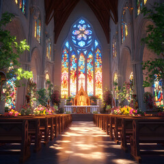 Fototapeta premium Majestic Church with Towering Spires and Vibrant Stained-Glass Windows Illuminating Serene Interior