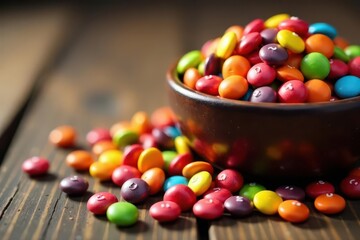 A colorful candy bowl overflowing onto a rustic wooden table , still life, holiday candy, sweets