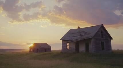 Fototapeta premium House at Sunset: Dramatic Sky, Broken Roof, and Rural Decay in British Columbia, Canada