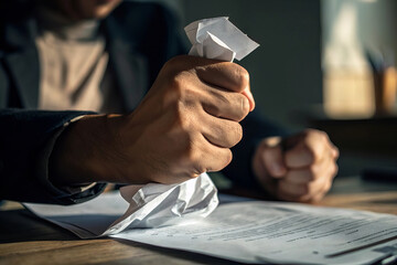 person is tightly clutching crumpled document, expressing frustration and anger in tense moment. scene captures emotional weight of situation