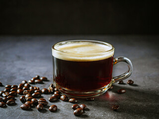 Hot coffee glass cup  and coffee beans on gray background, espresso coffee in a transparent cup with crema