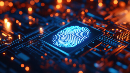 Glowing fingerprint on a chip with orange and blue lights on a circuit board background close up