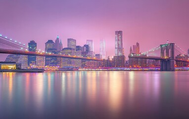 Obraz premium New York City Night Skyline with Brooklyn Bridge, Iconic Landmarks, and Vibrant Skyscraper Lights in High-Resolution Color Photograph