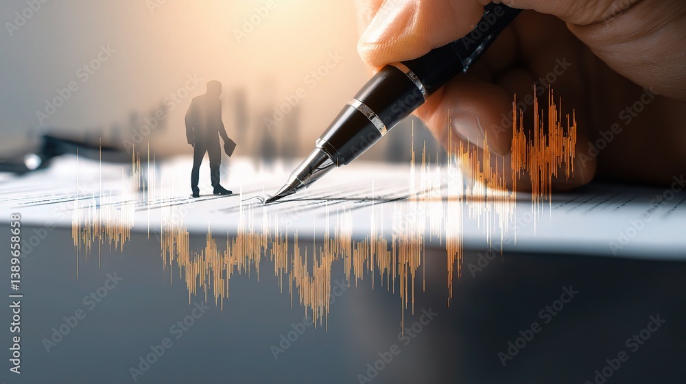 Poster businessman signing contract with pen and graph overlay visualization