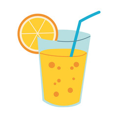 A glass of orange juice with a straw in it and a slice of orange on top. The glass is half full and the orange slice is on the rim of the glass