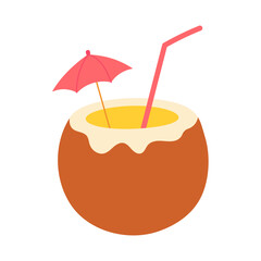A cartoon of a coconut with a straw in it and a pink umbrella on top