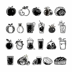 Black and white minimalist food icons with fruits, juices, and pastries