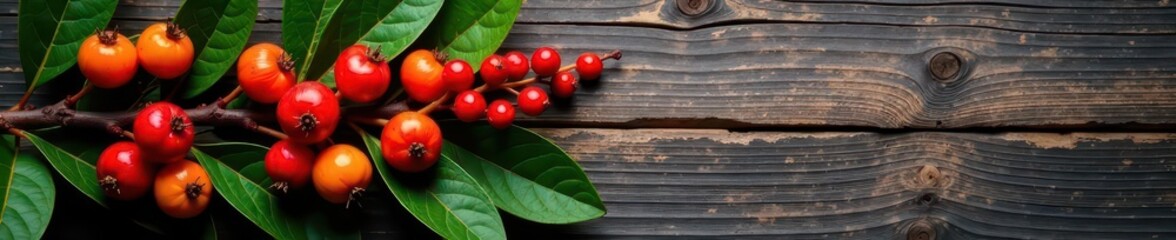 Obraz premium Golden sea buckthorn branch, vibrant berries on rustic wood , juicy, berries