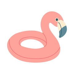 A pink flamingo is sitting on a pink inflatable pool. The flamingo is looking at the camera