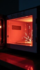 Broken microwave oven door, sparking interior, wiring, kitchen