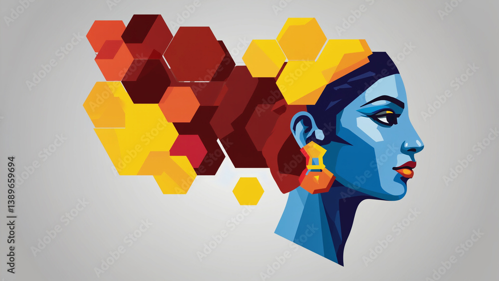 Poster A woman's face with geometric patterns in the background, suitable for use in designs about technology, innovation or futuristic themes