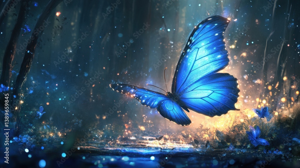 Poster majestic blue butterfly flying in a dark forest with glowing lights creating a magical and dreamlike