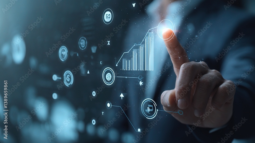 Poster businessman engaging with graph and data visualizations in double exposure