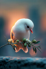 Peaceful nature photography with white dove and olive branch. Symbol of peace and serenity