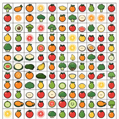Grid of assorted food icons in vector style with fruits and vegetables
