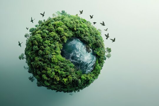 Lush Green Miniature Planet with Water and Birds in Flight Digital Artwork on Soft Grey Background Environmentally Conscious Concept - Powered by Adobe