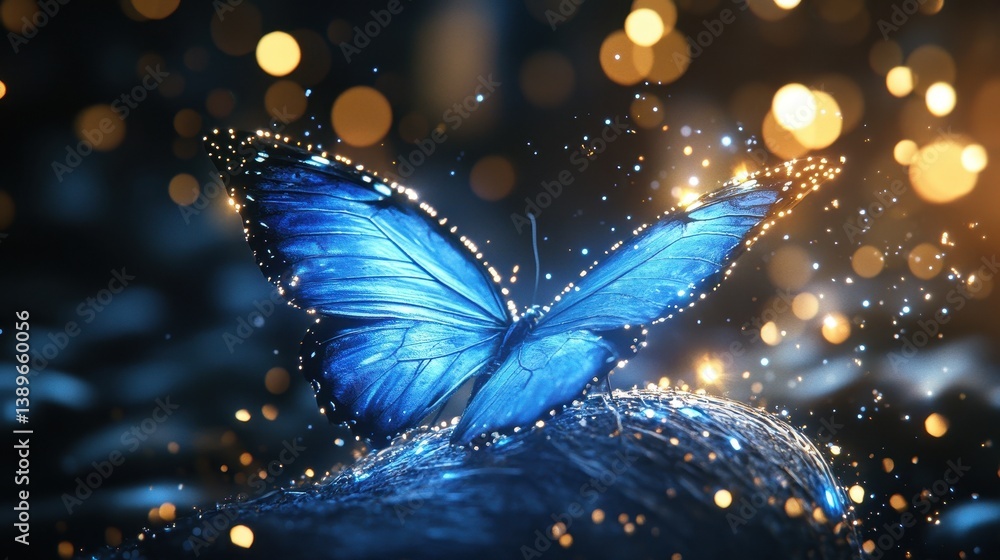 Aufkleber radiant blue butterfly with golden glitter sparkles on a dark textured surface enhanced by bokeh lig